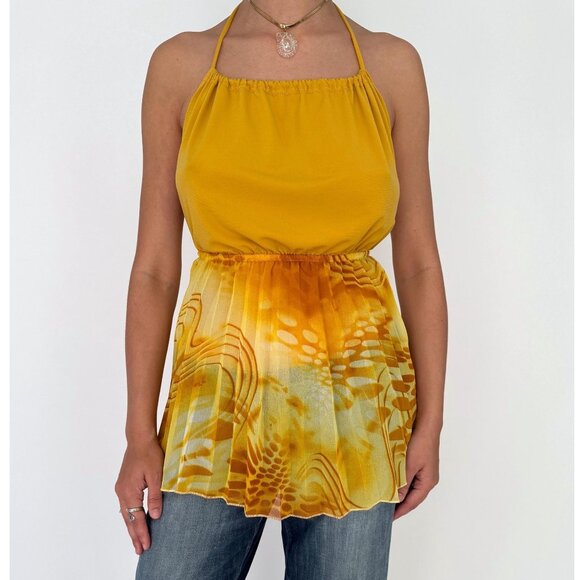 90s vintage yellow backless summer vacation cute flowy camisole halter top small - Picture 1 of 10
